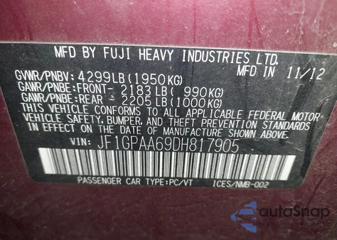 2013 Subaru Impreza 2.0I z USA, uszkodzony, nr VIN JF1GPAA69DH817905